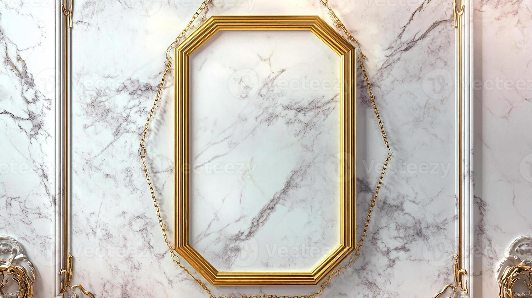 Gold Frame on White Marble Wall. Luxury Interior Design Background photo