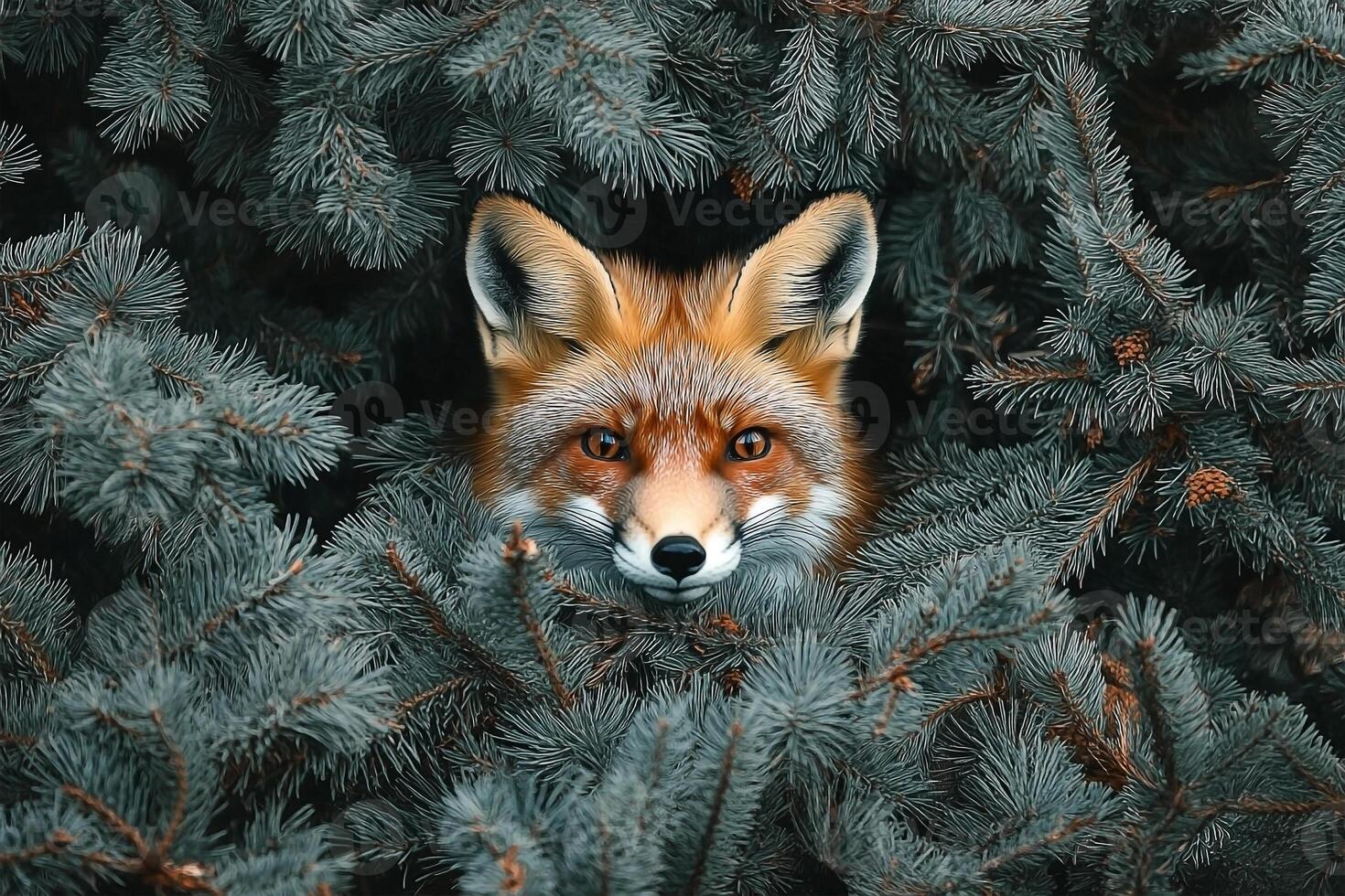 A fox is hiding in the branches of a tree photo
