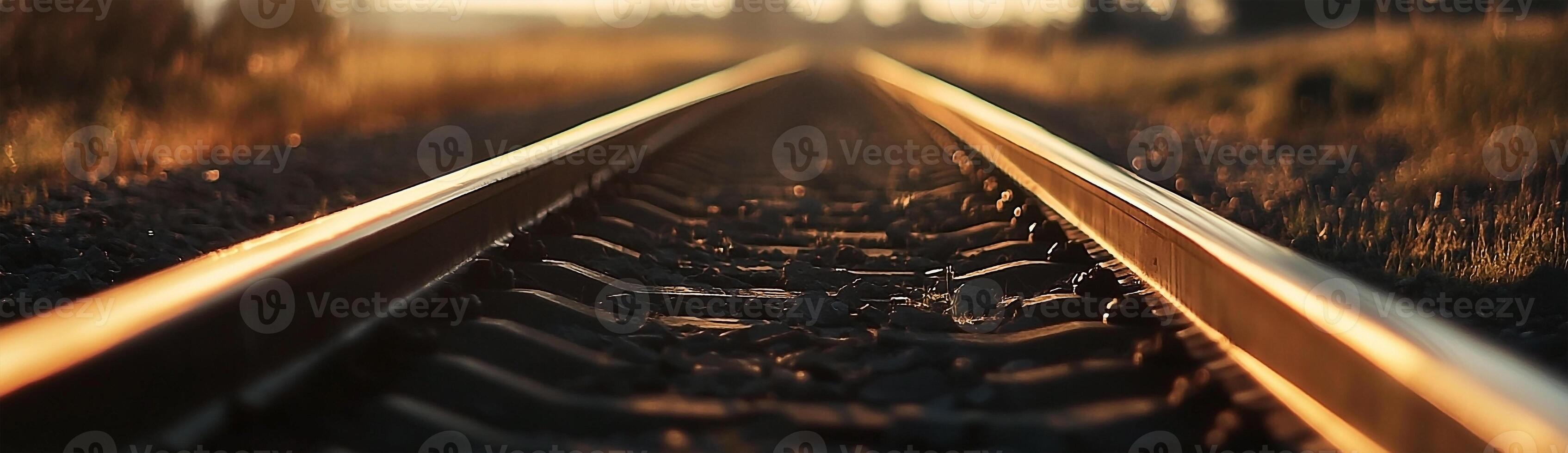 A railroad track with the sun setting behind it photo