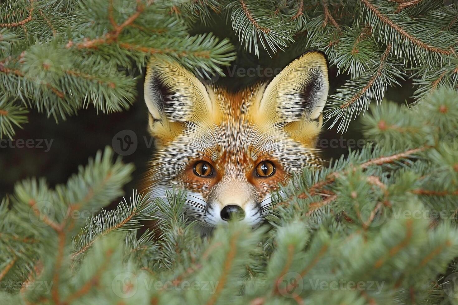 A fox peeks out from behind a tree photo