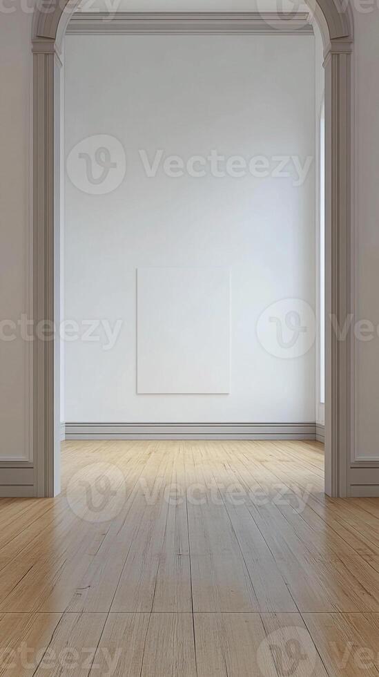 Empty room with white walls and wooden floor photo