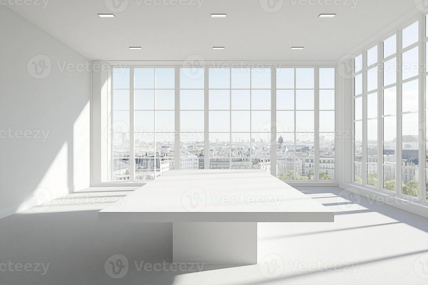Empty white room with large windows and a table photo