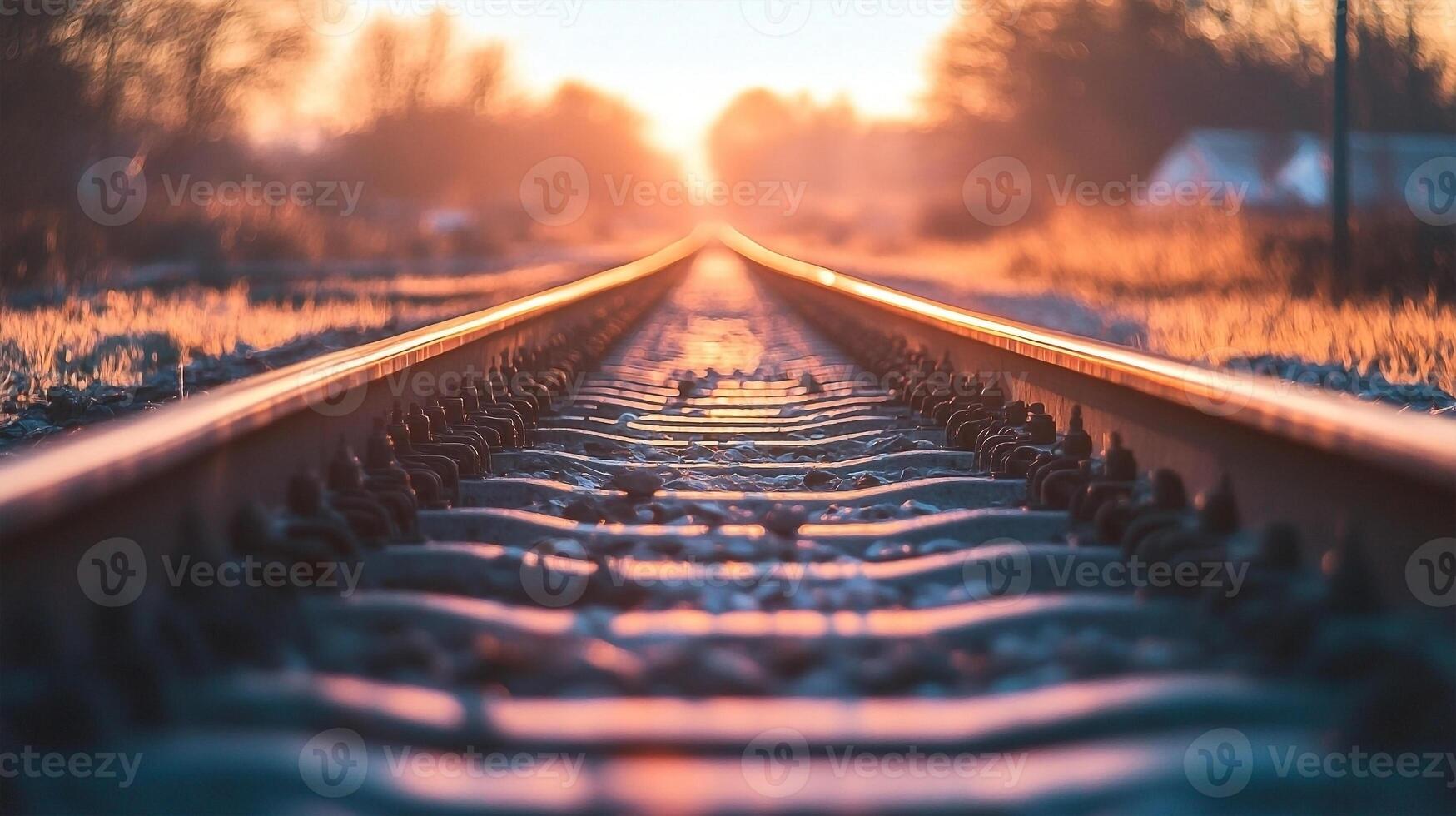 A railroad track with the sun setting in the background photo