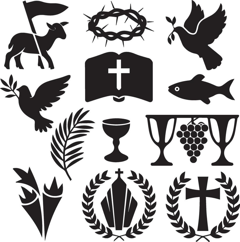 a set of religious symbols including a cross, dove, olive branch, olive branch, dove, vector
