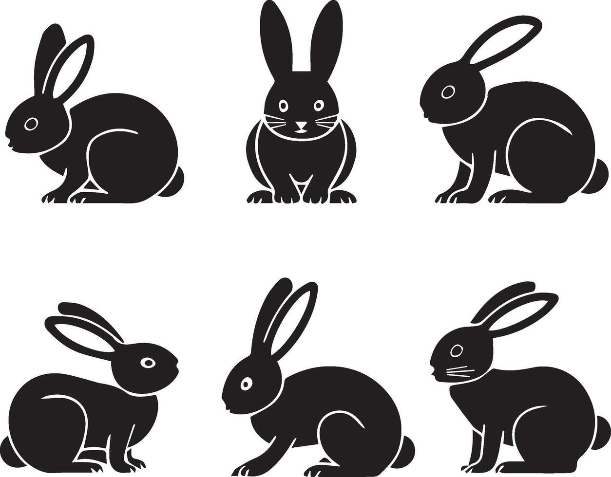 set of black rabbits on white background vector