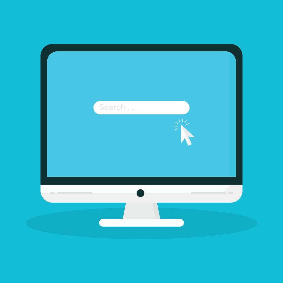 Flat computer icon on blue background. Computer with blank empty display screen for copy space on workplace vector