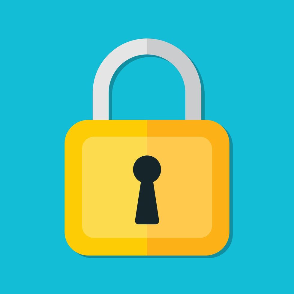 Flat padlock icon on blue background. Padlock closed. Flat cartoon pad locks golden yellow design vector