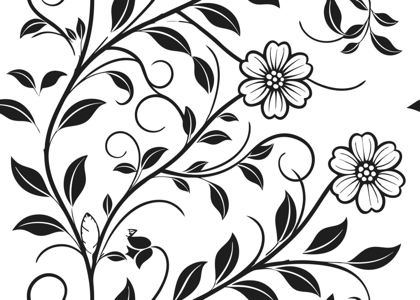 A black and white floral design with leaves and flowers vector