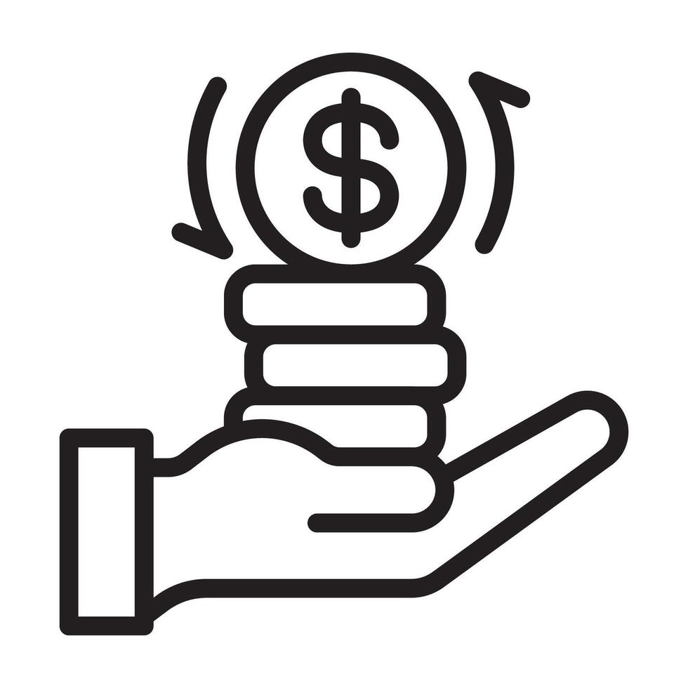 Minimalist outline icon of a hand holding stacked coins with a dollar sign symbolizing investment, financial growth, and money management. Perfect for finance and business concepts. vector