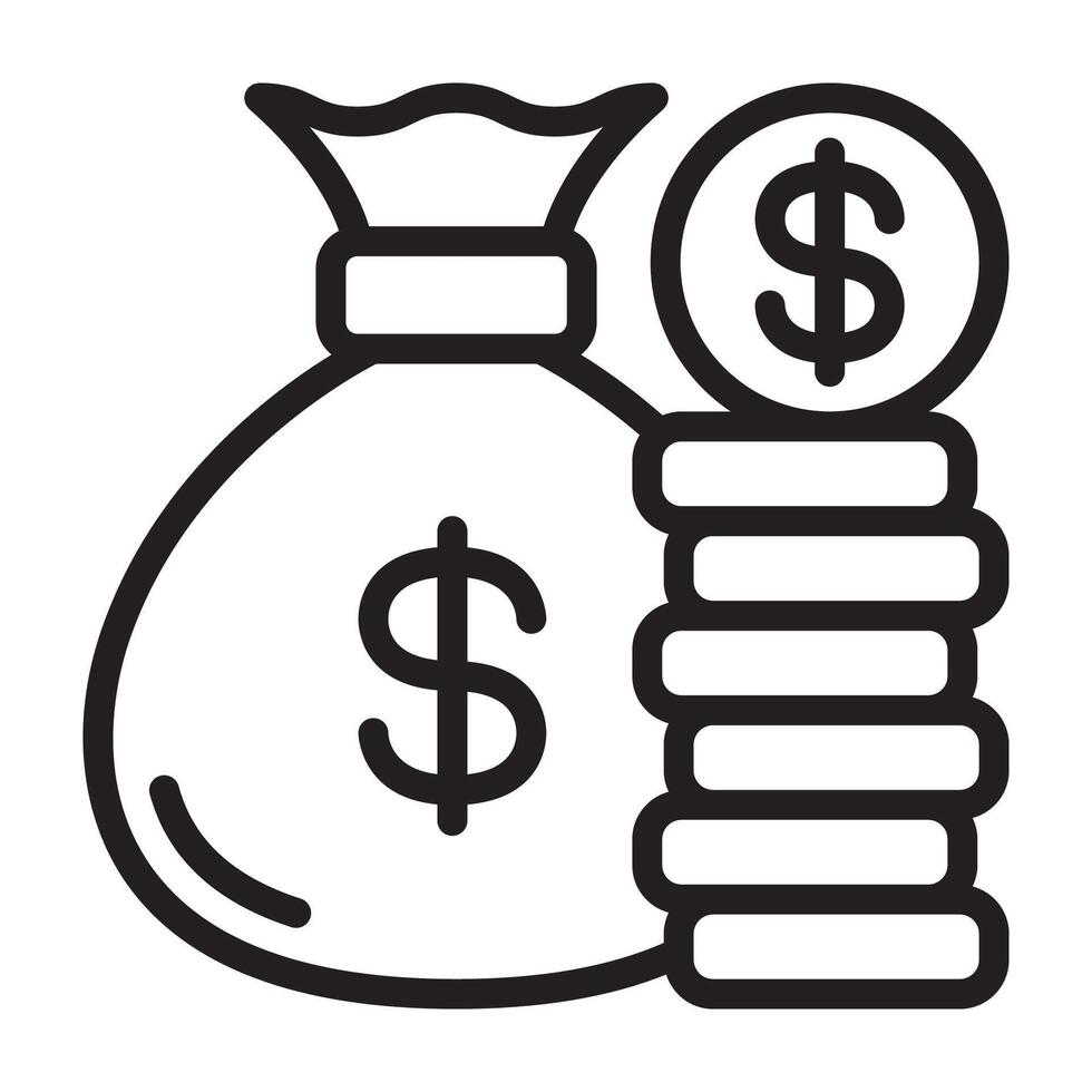 Minimalist outline icon of a money bag with a dollar sign and stacked coins Symbolizing wealth savings investment finance and financial growth Perfect for business and economic concepts vector
