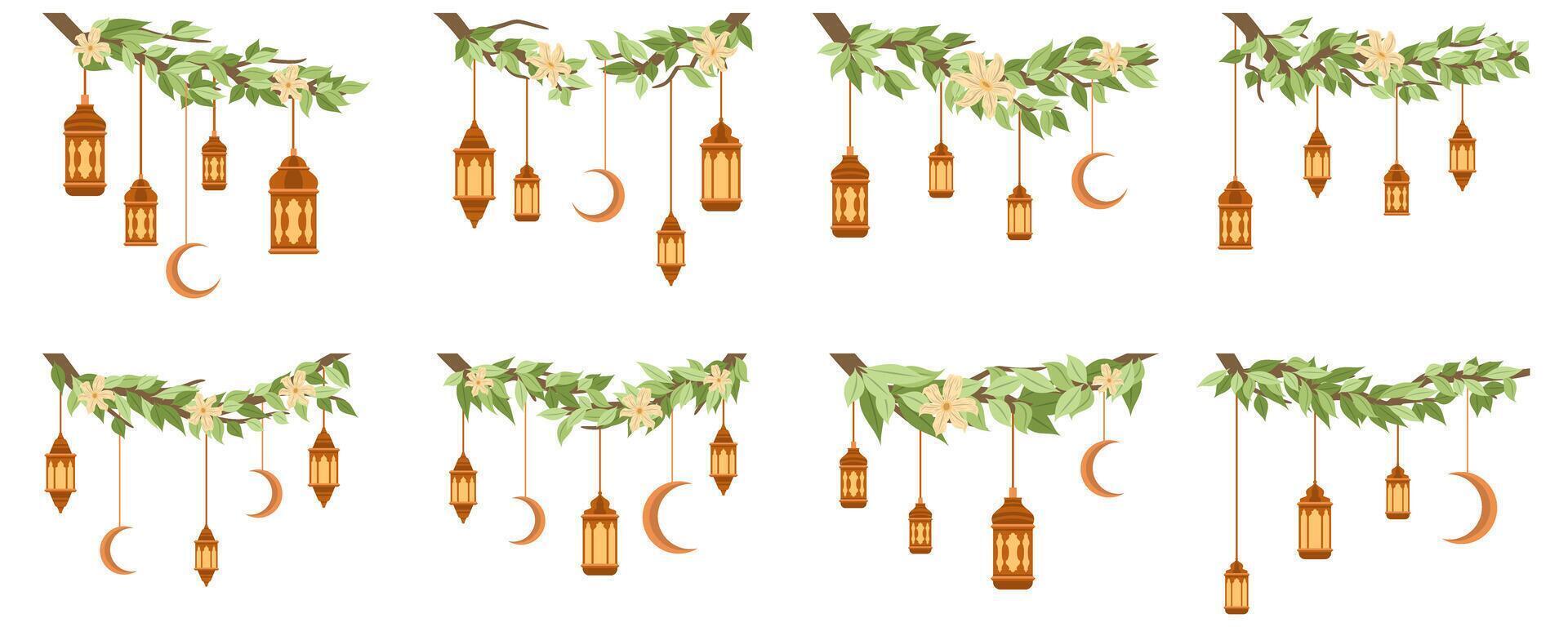Islamic Lantern Border With Leaf Decoration On White Background Set vector