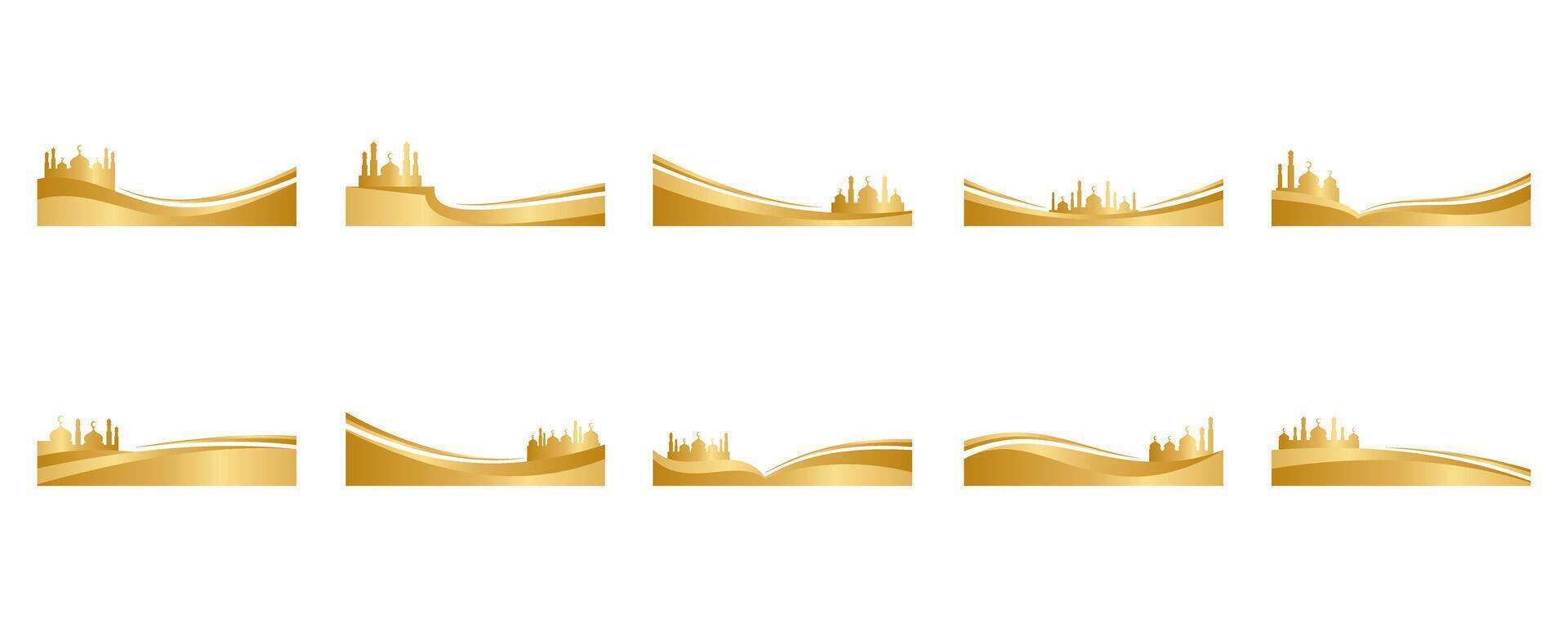 Golden Islamic Mosque Silhouette Border On White Background Set vector
