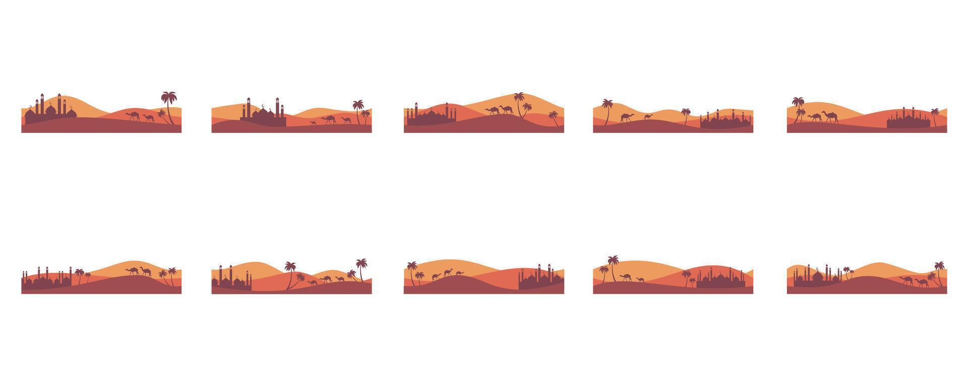 Islamic Mosque Landscape Silhouette Border On White Background Set vector