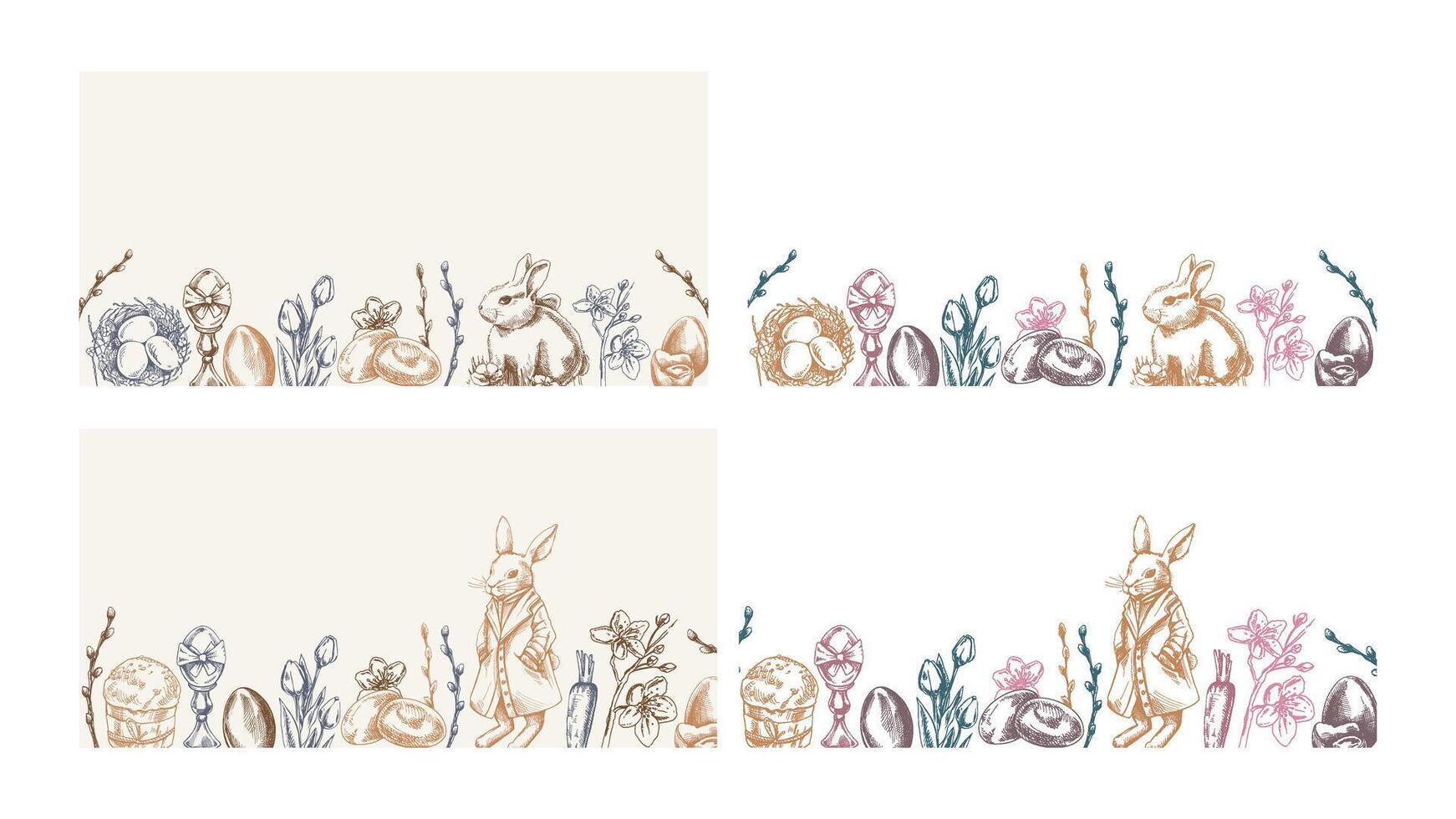 Easter vintage border with bunny, eggs, flowers, willow, sketch hand drawn vector