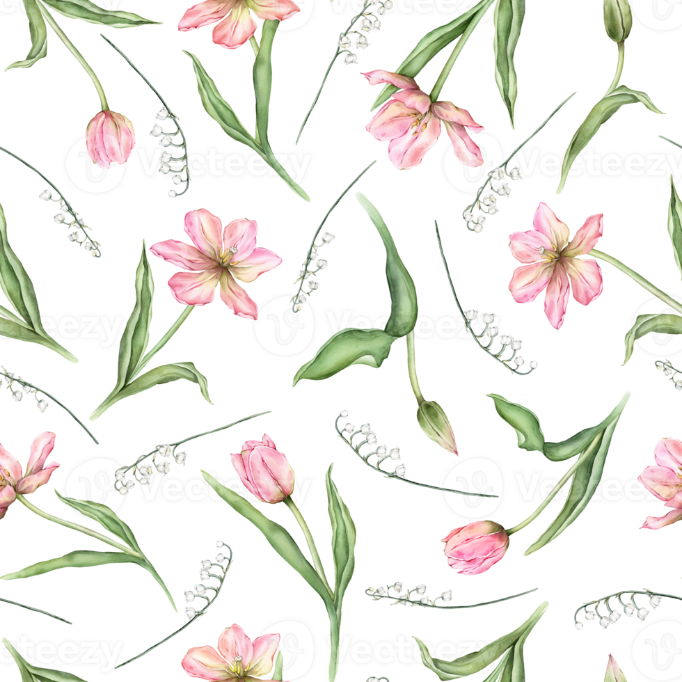 Seamless pattern of pastel pink light bud Tulips and white lily of the valley watercolor illustration isolated on background. Hand drawn delicate spring flowers for spring wedding repeat design png