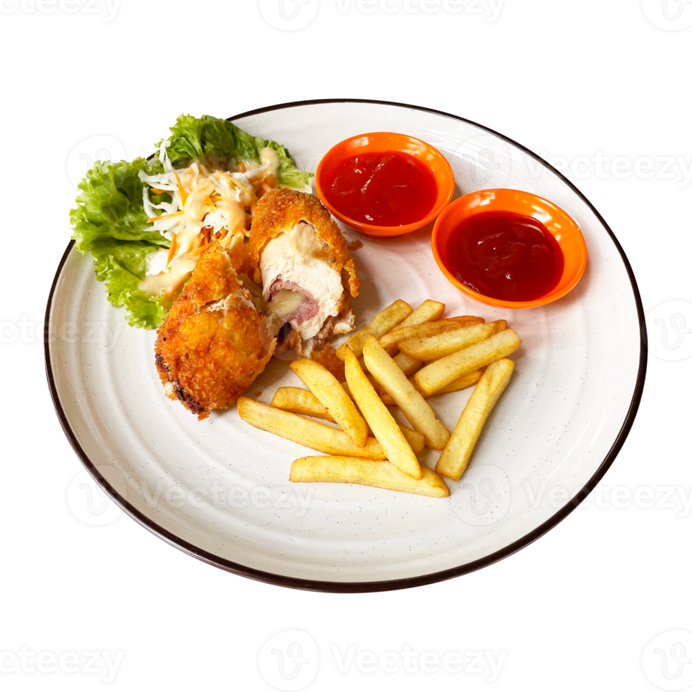 Crispy chicken cordon bleu with french fries and sauce 1 png
