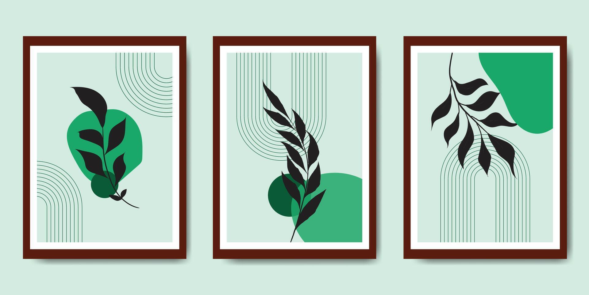 Modern abstract art backgrounds set with botanical leaves and abstract geometric shapes vector
