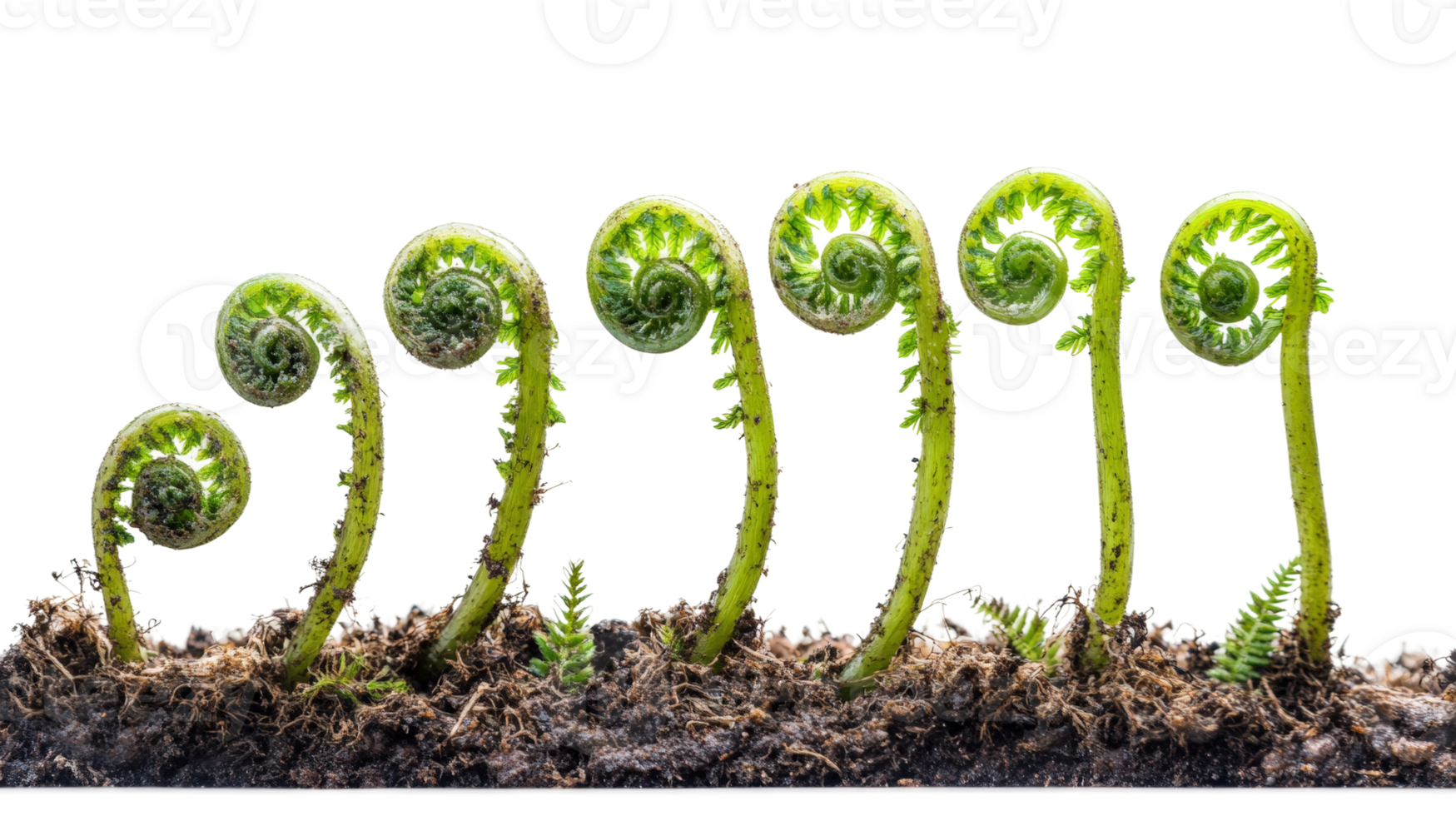New fern growth emerging from soil nature scene view png