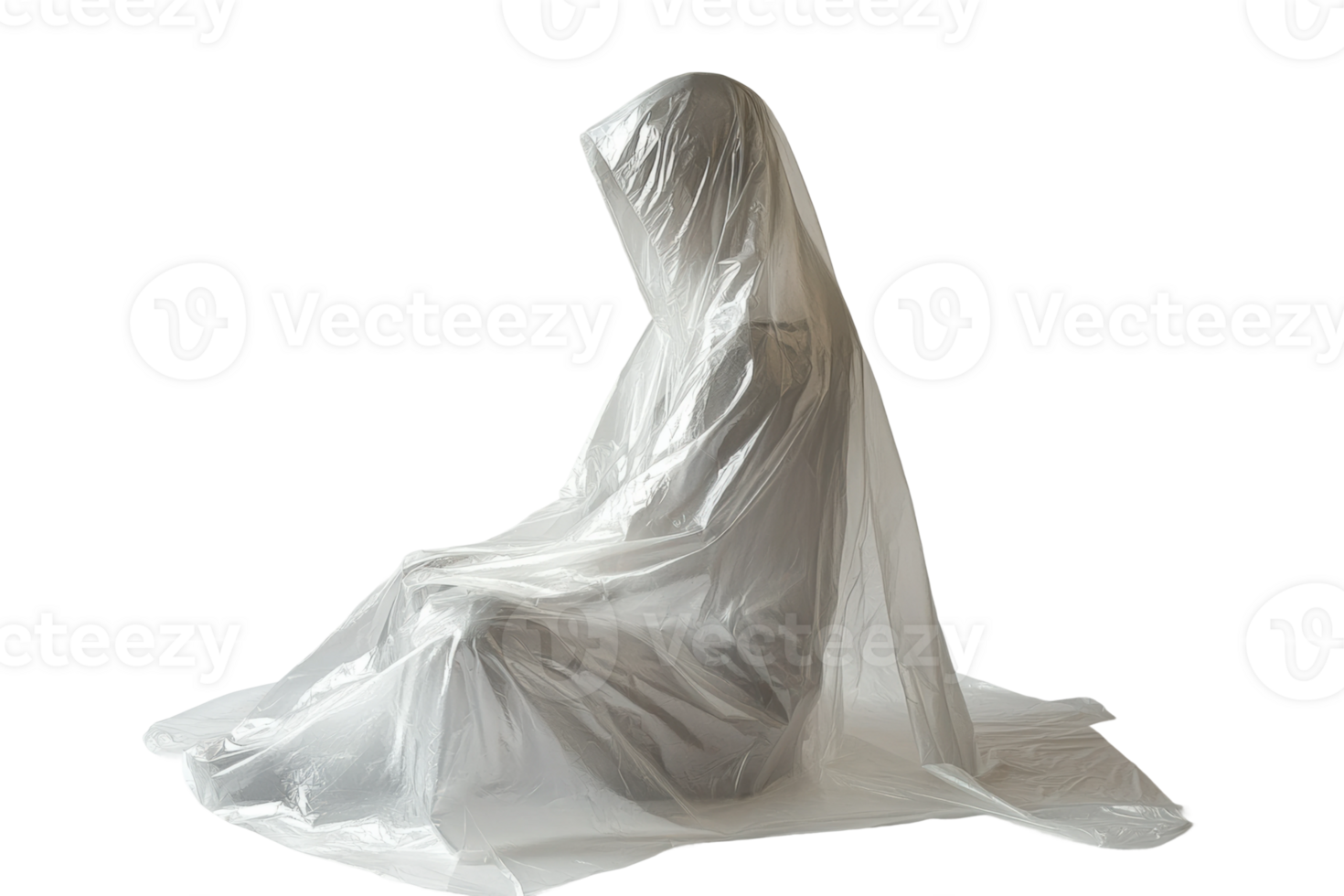 Contemplative figure enveloped in plastic studio artistic expression png