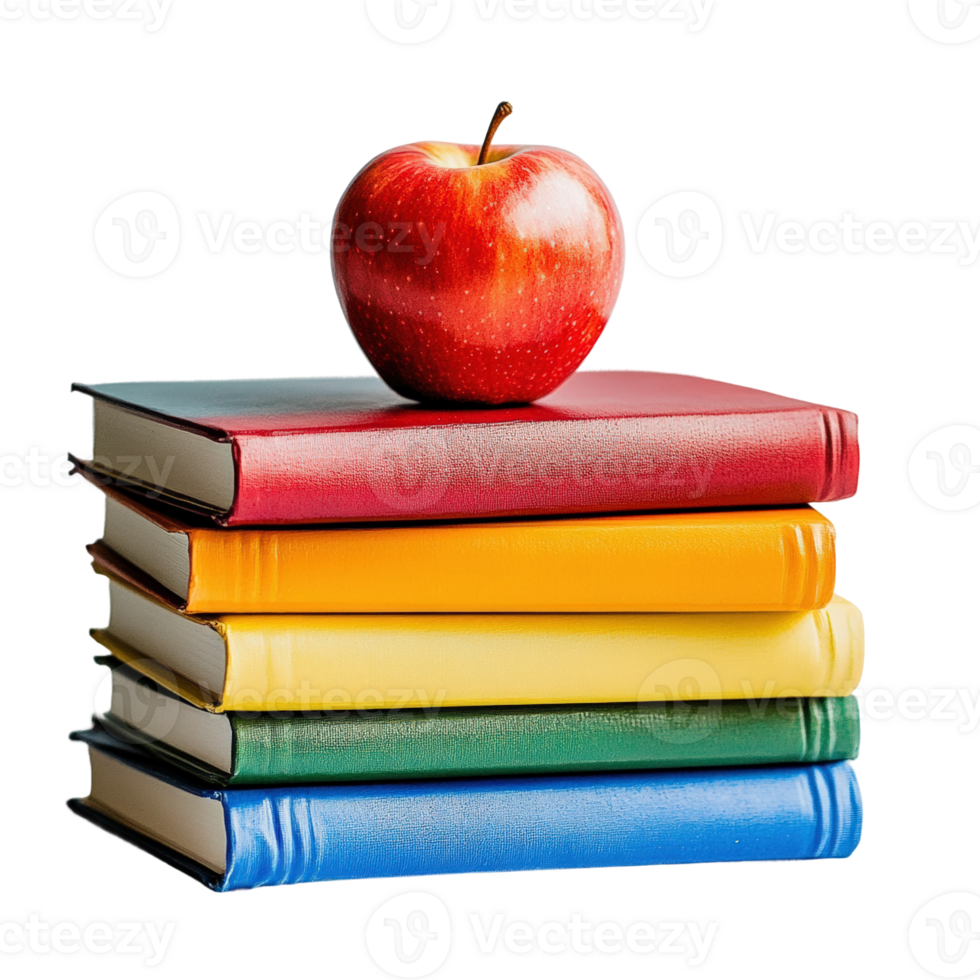 Stacked books with a shiny red apple on top showcasing learning and education png
