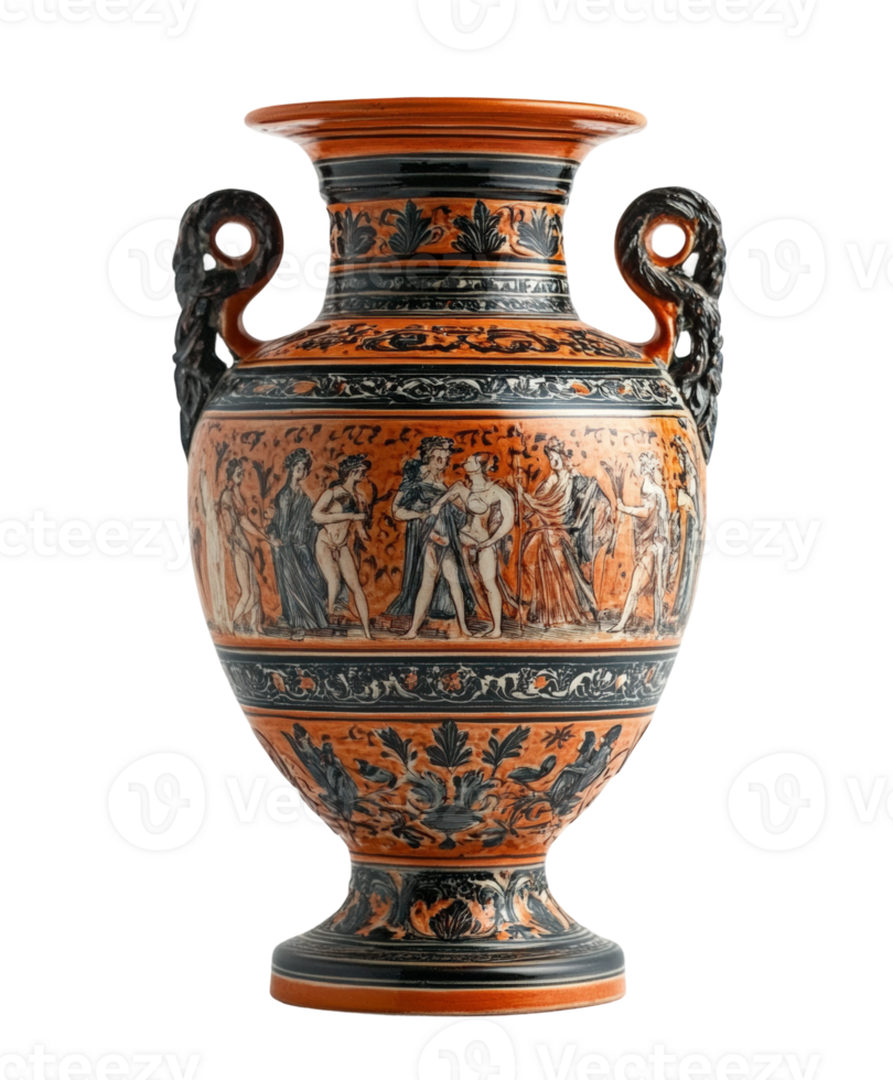 Ancient Greek style vase featuring intricate scenes and detailed craftsmanship png