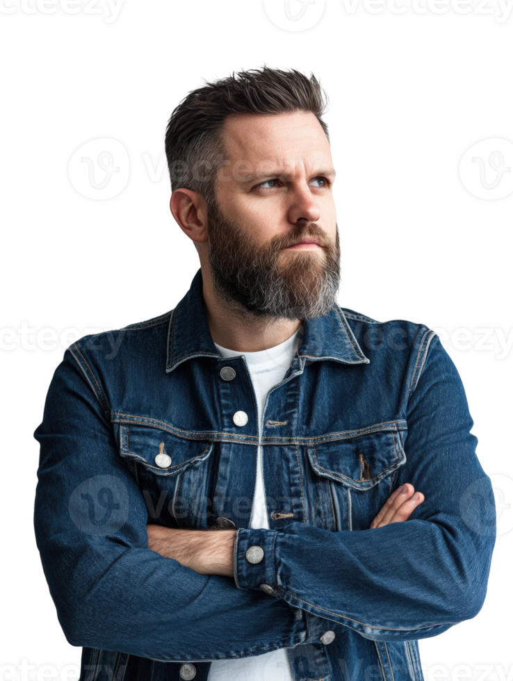 Man with beard in denim jacket poses confidently png