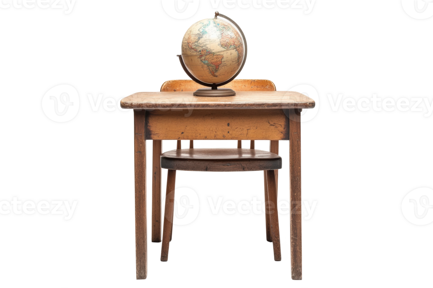 Wooden table with globe in a minimalist setting highlighting education and exploration png