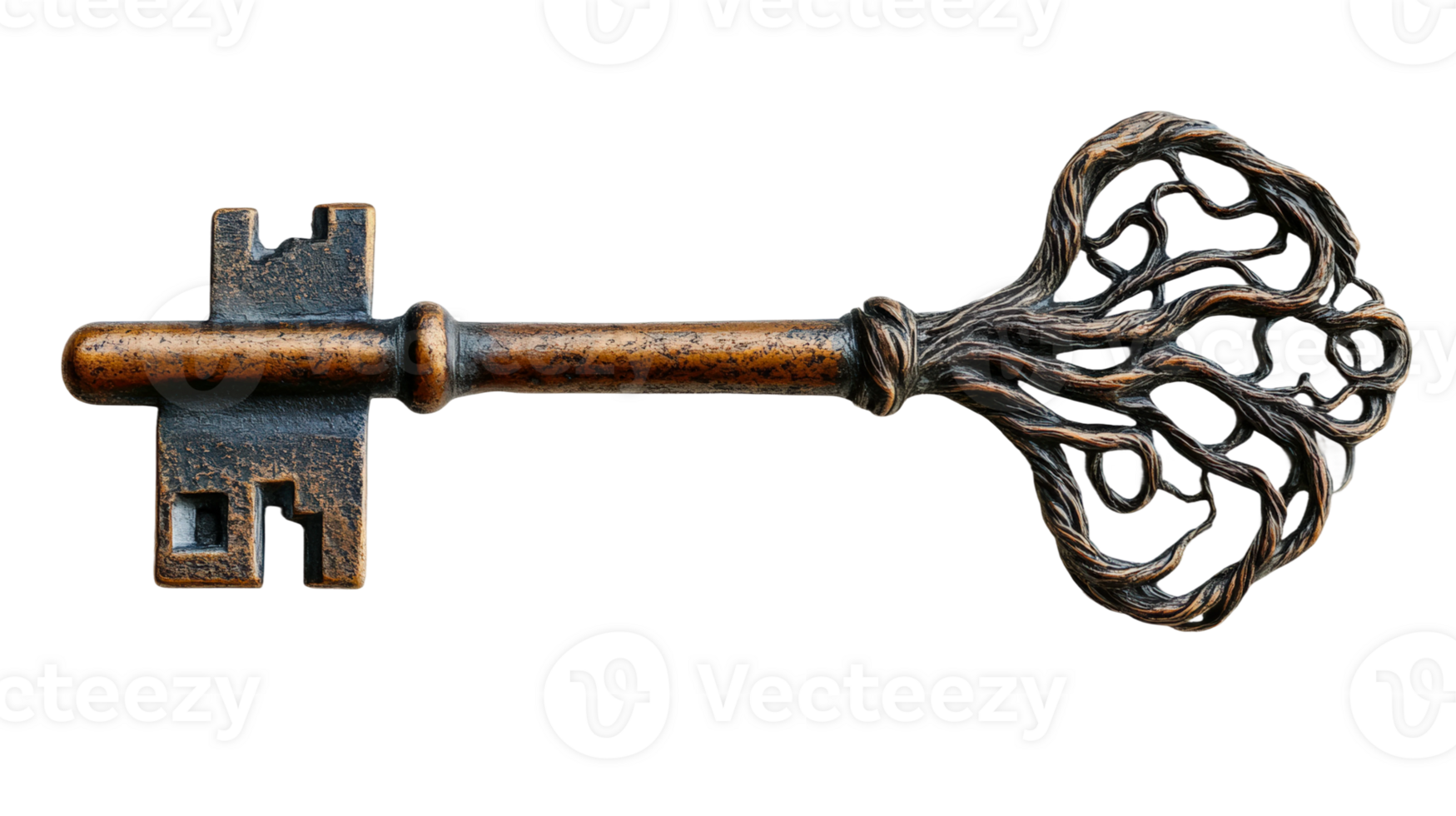 Intricate antique key with decorative handle resembling tree branches png