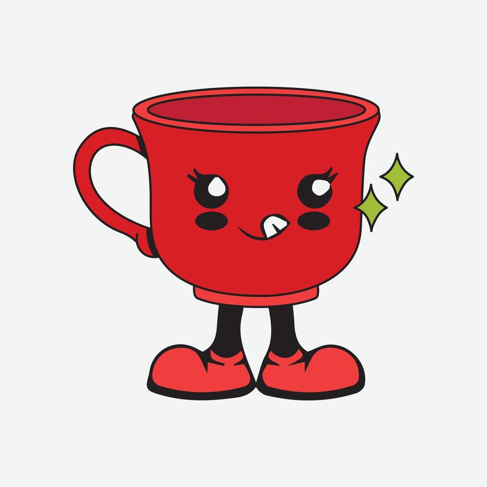 This red mug will make people smile with its cartoon face. vector