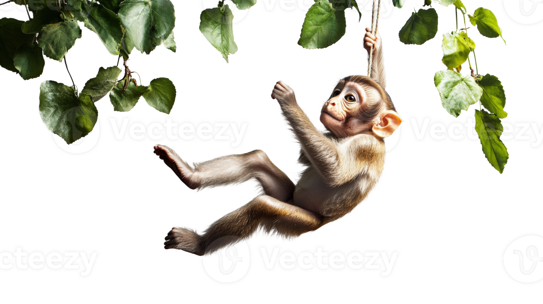 Cute monkey swinging on a branch in a lush green environment png