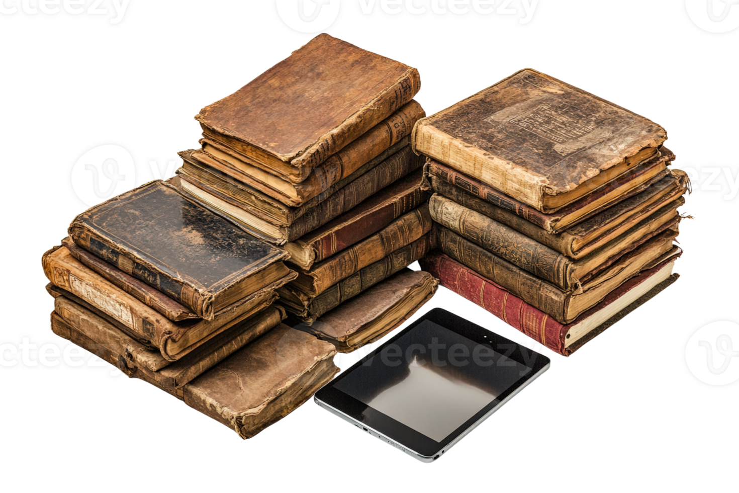 Contrast between ancient books and modern technology in a still life arrangement png