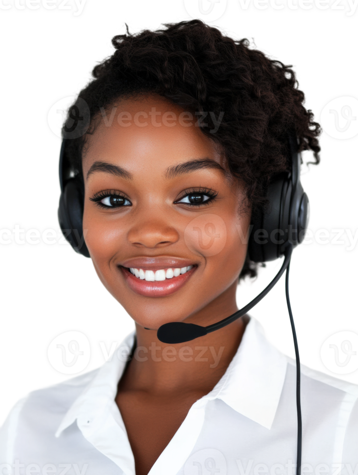 Customer service representative assisting clients with headset in bright setting png