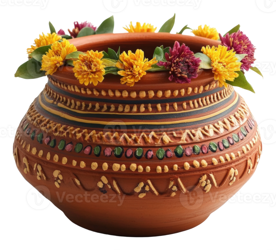 Colorful decorated pot with flowers in vibrant setting india png