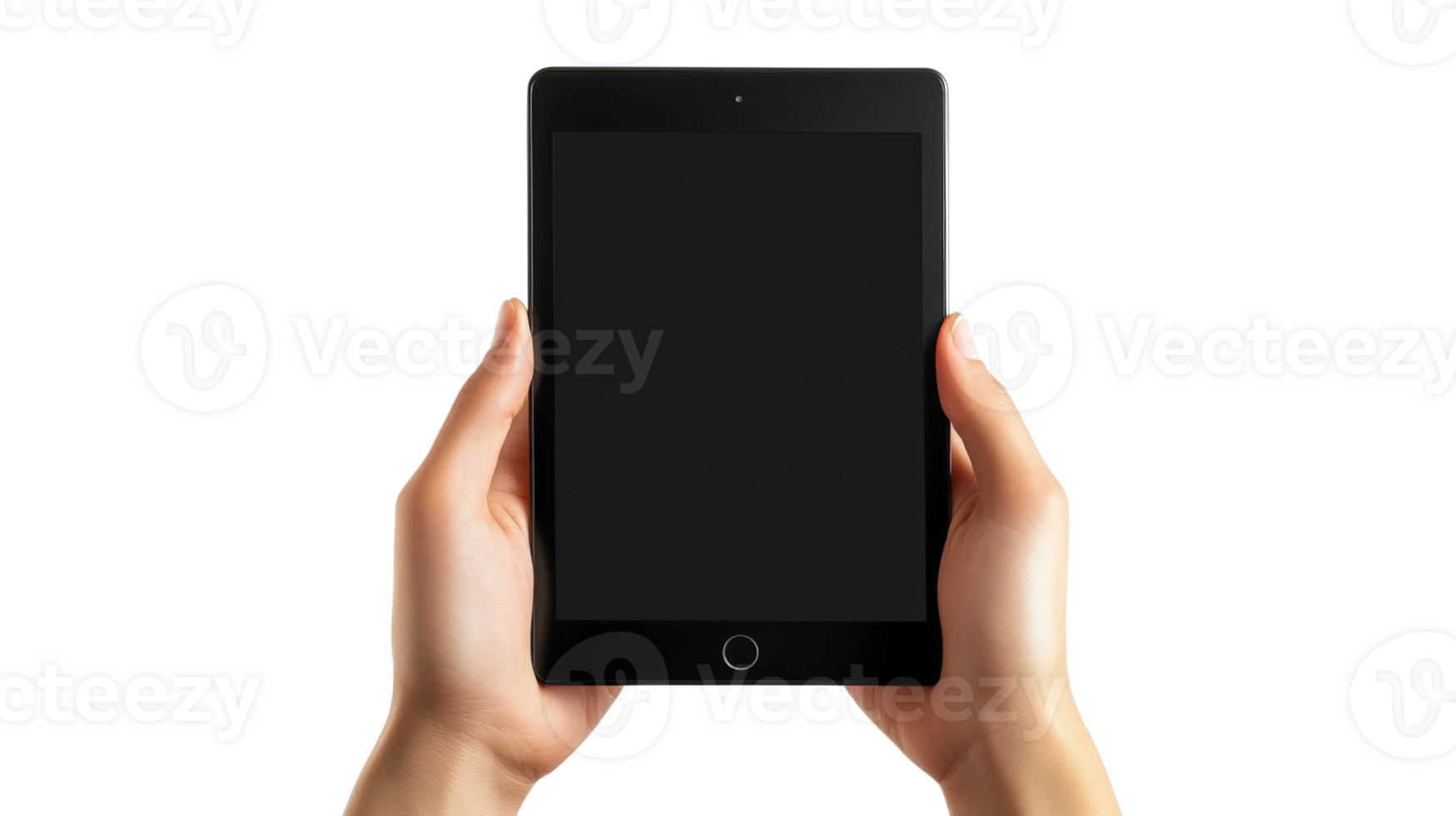 User interacting with tablet device in minimalist setting png