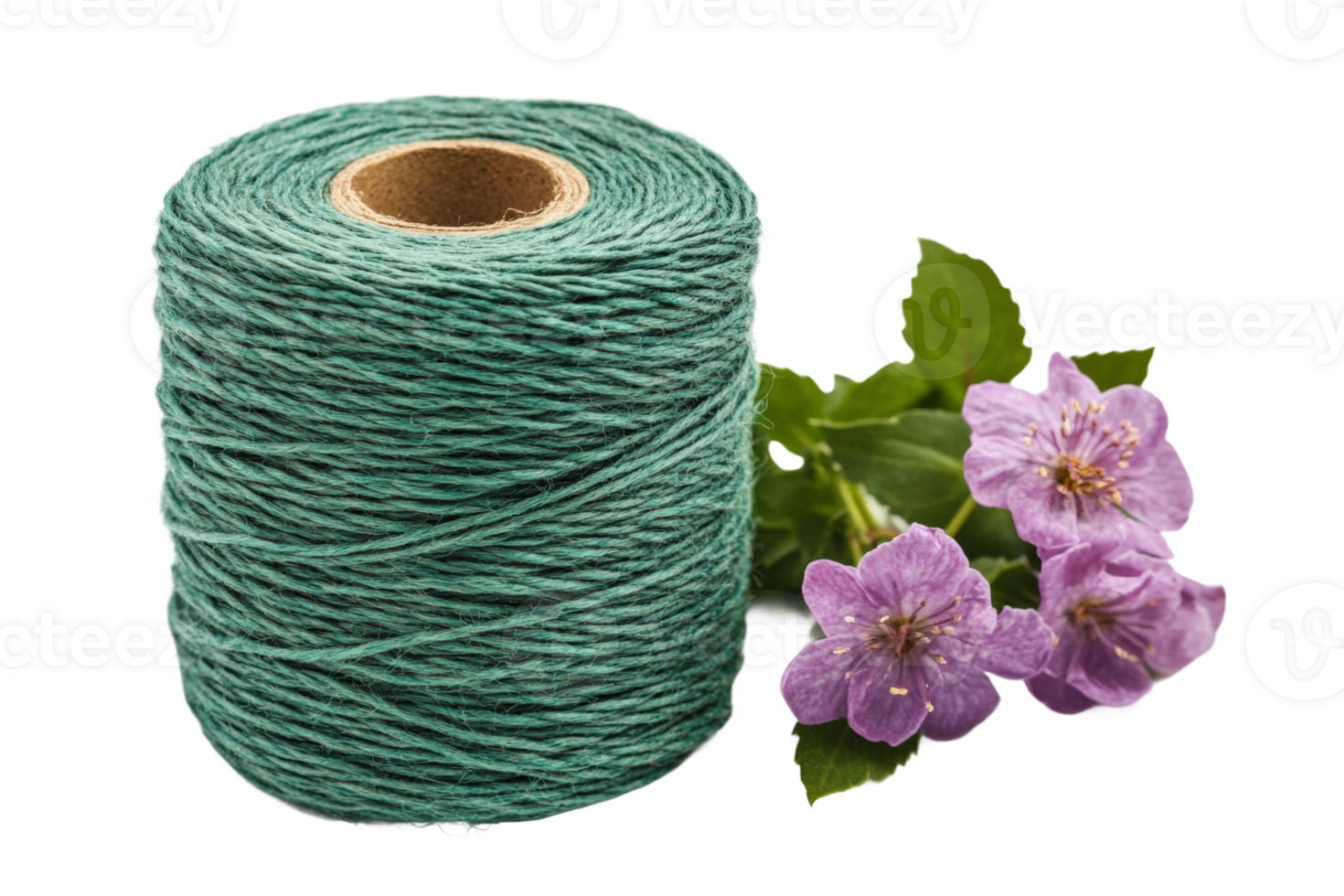 Crafting with green twine and purple flowers in a rustic setting png