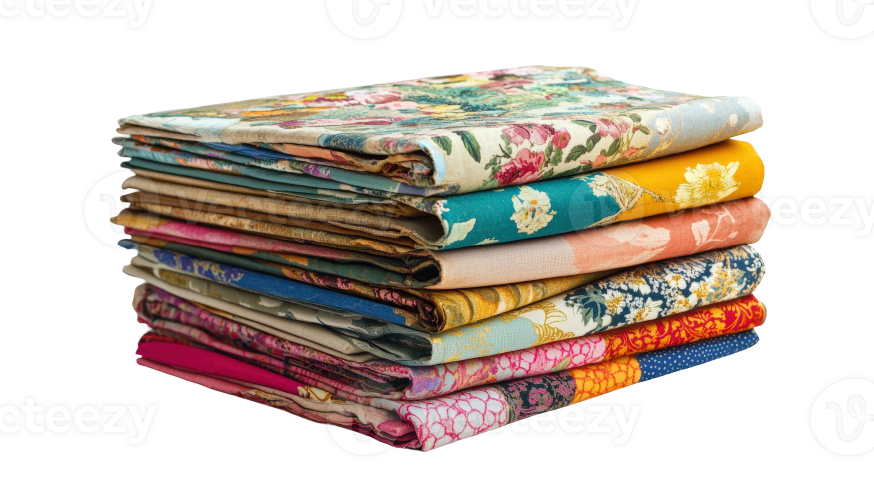 Beautifully arranged stack of colorful fabric squares at a craft studio workspace png
