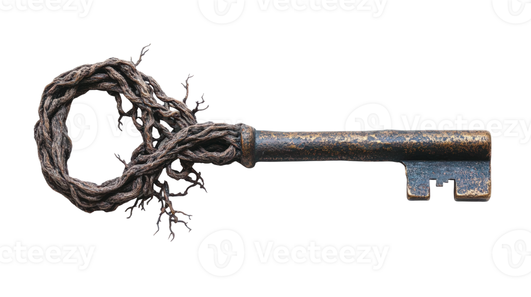 Unique key entwined with dark roots, symbolizing mystery and nature's connection png