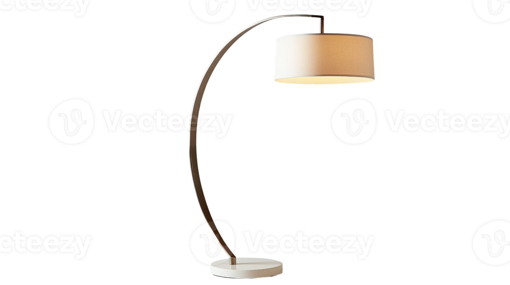Elegant floor lamp with a curved design featuring a white shade and polished base png