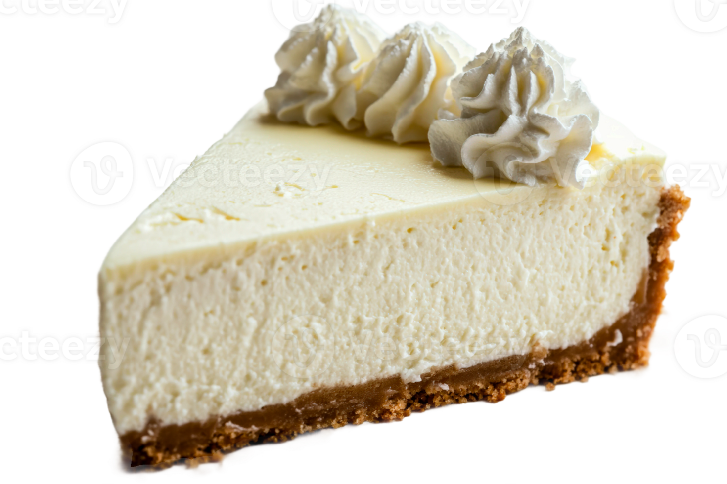 Cheesecake slice with creamy topping and graham cracker crust png
