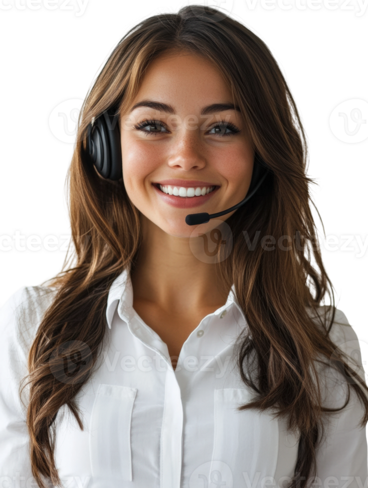 Smiling customer service representative engaged in support call at a modern office png