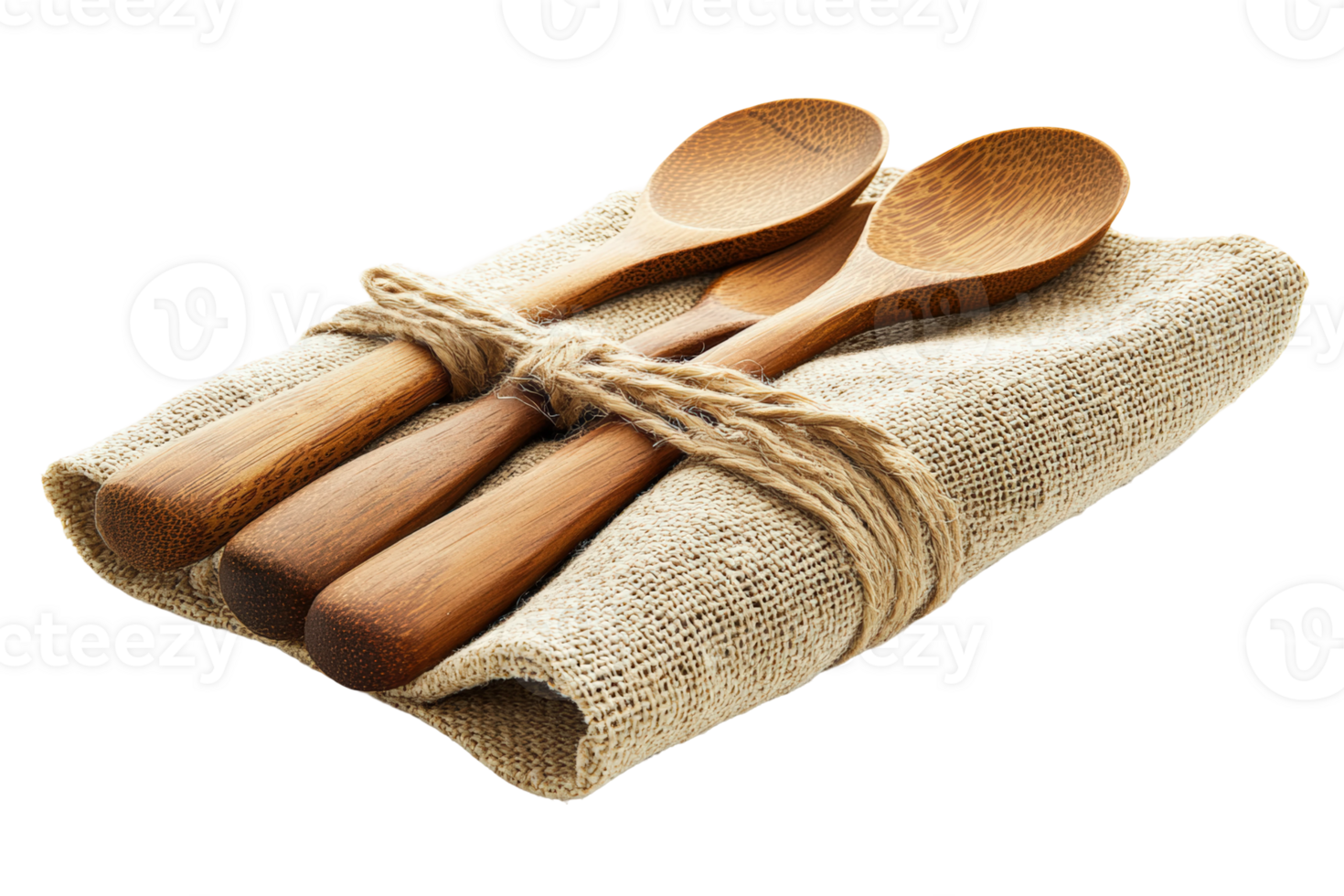 Wooden spoons tied with twine on burlap cloth in a rustic kitchen setting png