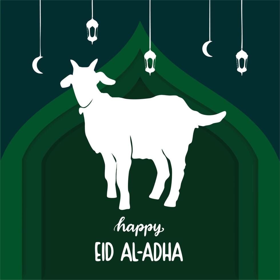Happy Eid Al Adha hand drawn lettering with goat silhouette, lantern, and moon flat Illustration with green background. Design for greeting card, poster, wallpaper, and prints. vector