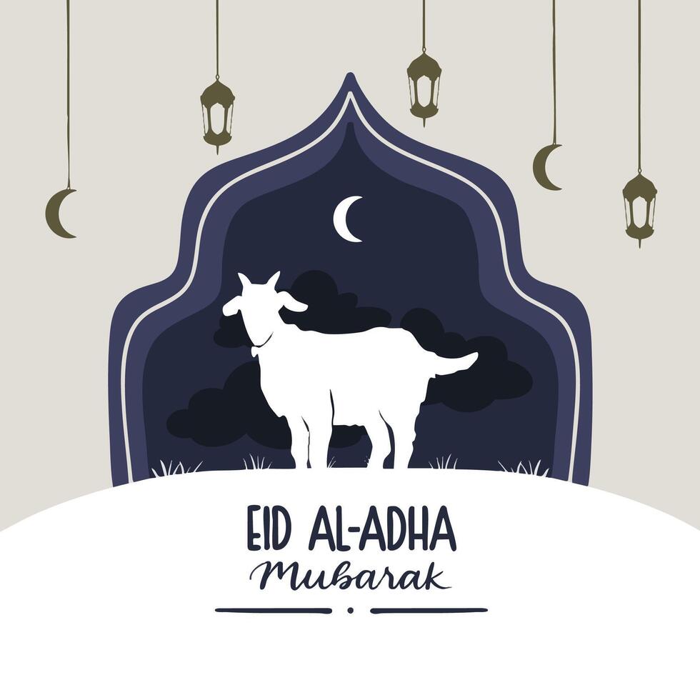 Happy Eid Al Adha hand drawn lettering with goat silhouette, lantern, and moon flat Illustration, Design for greeting card, poster, wallpaper, and prints. vector