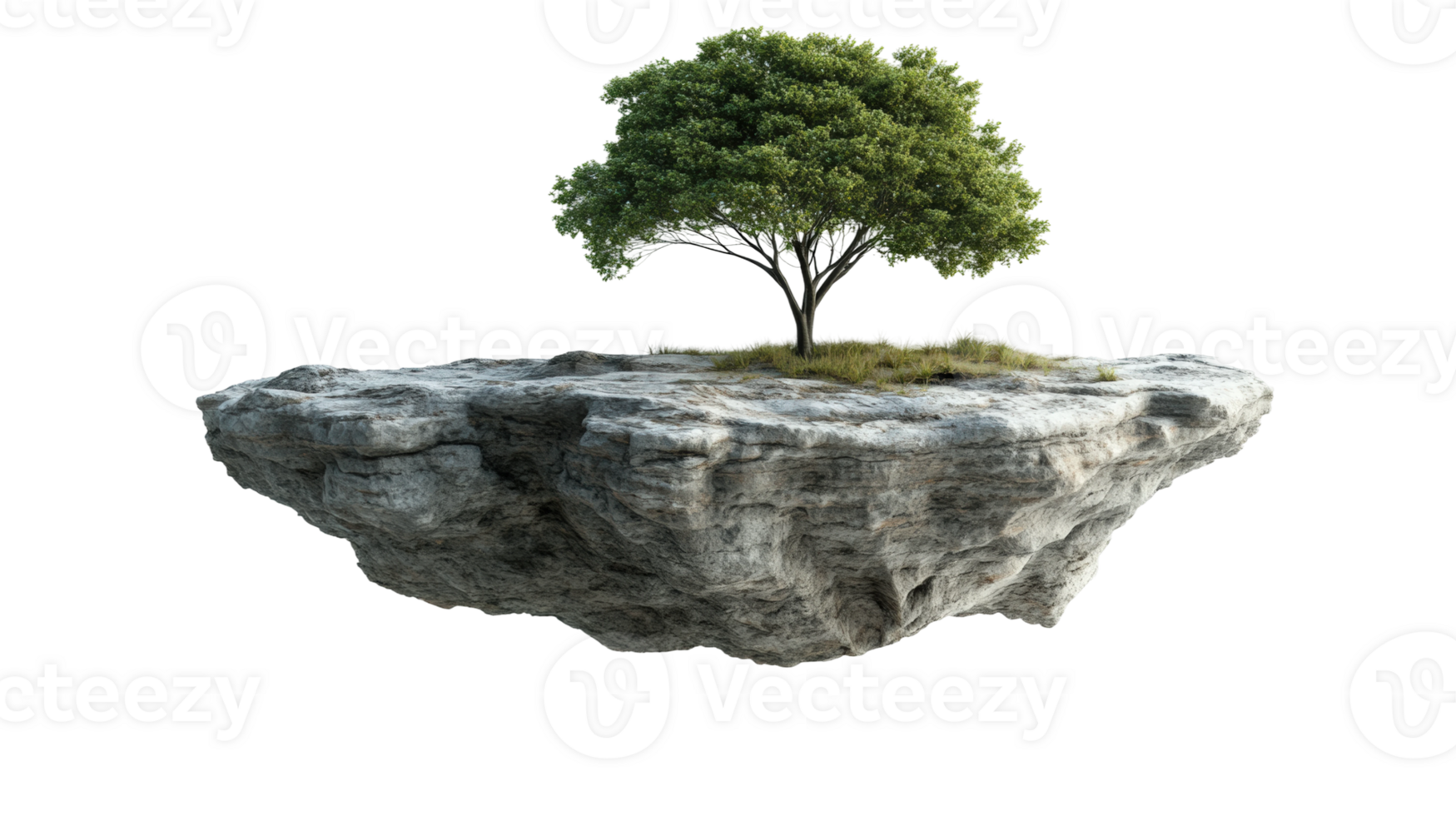 Floating rock with a lone tree surrounded by white space creates a surreal landscape png