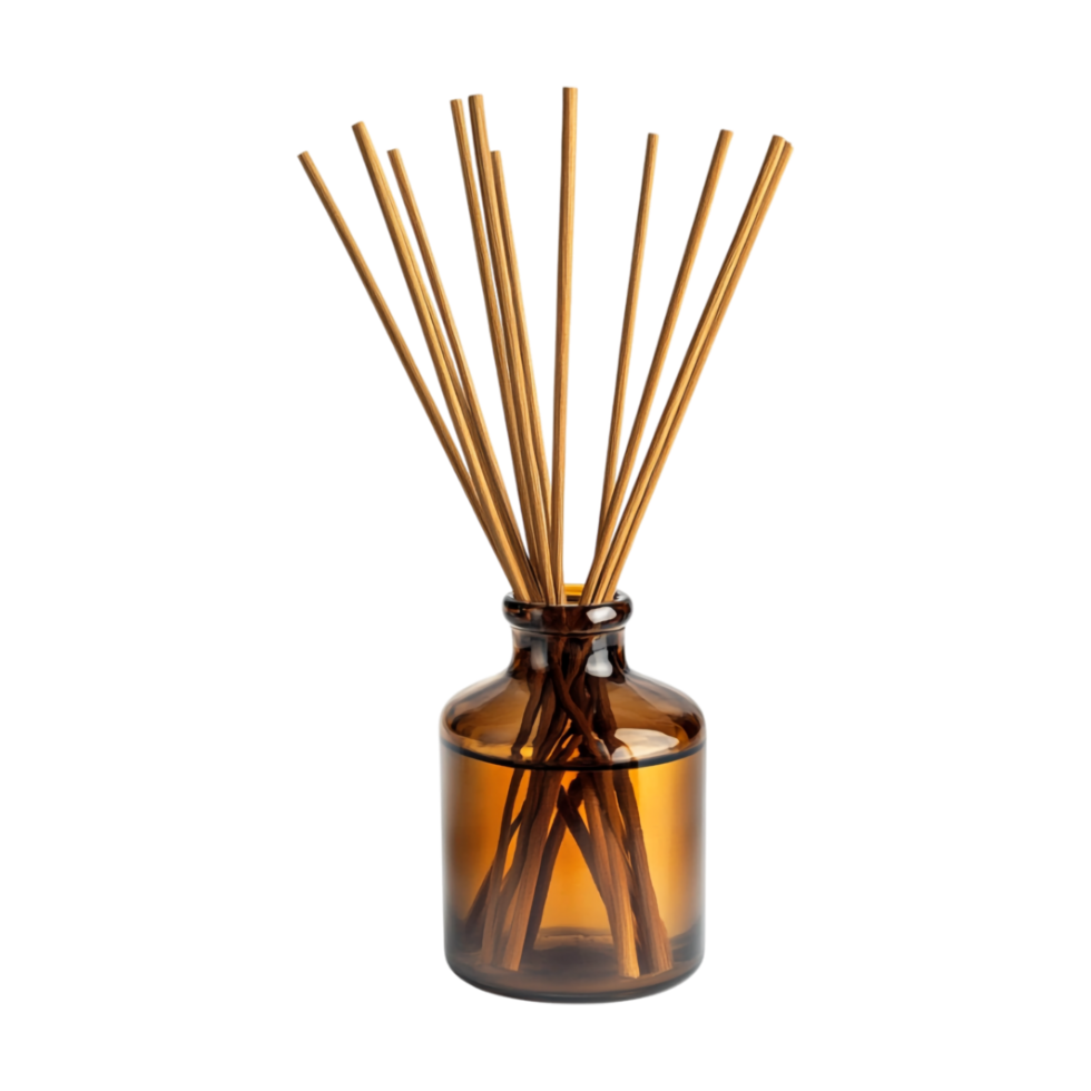 big reed diffuser in glass bottle on transparent background png