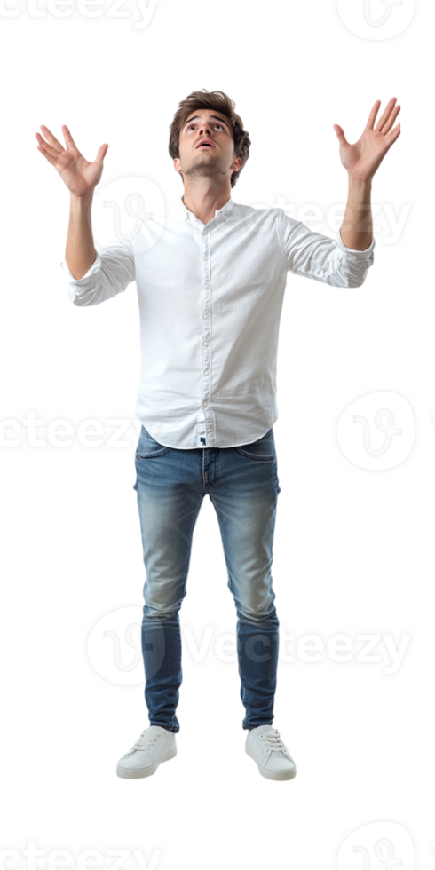 a man standing with his hands up on a transparent background png