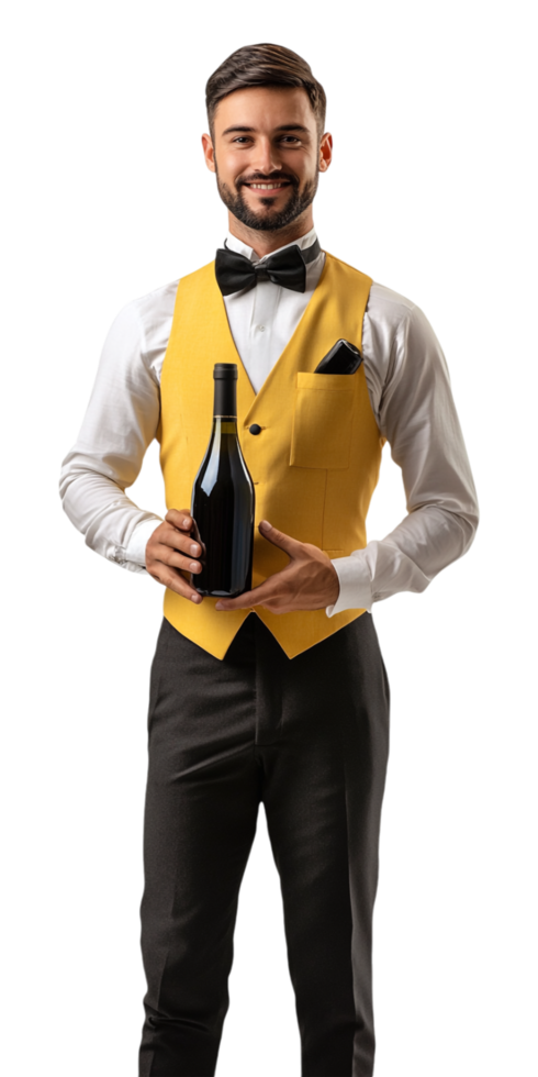 a waiter in a yellow vest holding a bottle of wine png