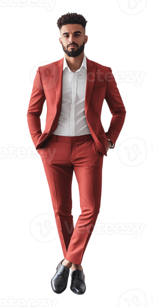 a man in a red suit standing in front of a transparent background png