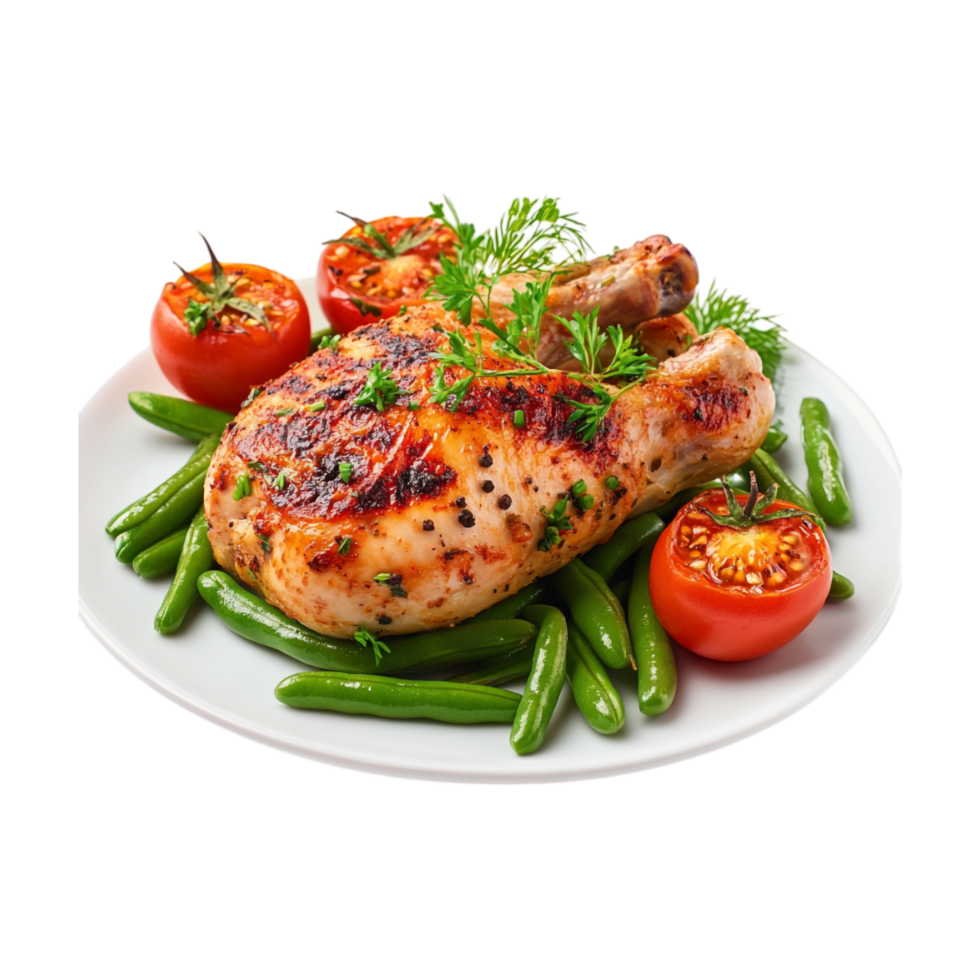 chicken breast with green beans and tomatoes on a plate png