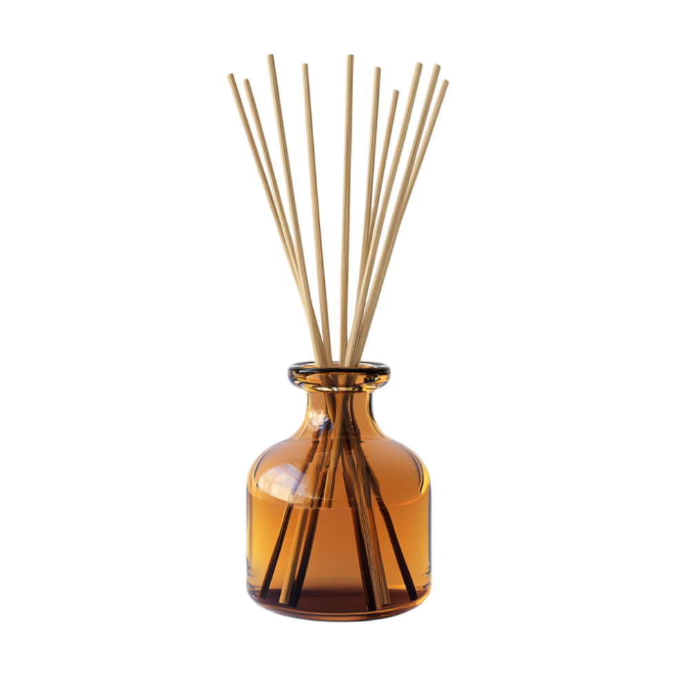 reed diffuser in glass bottle on transparent background png